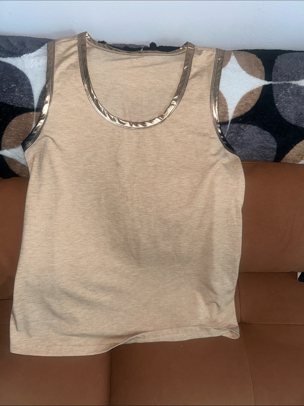 Sleeveless Beige Tank with Metallic Gold Trim